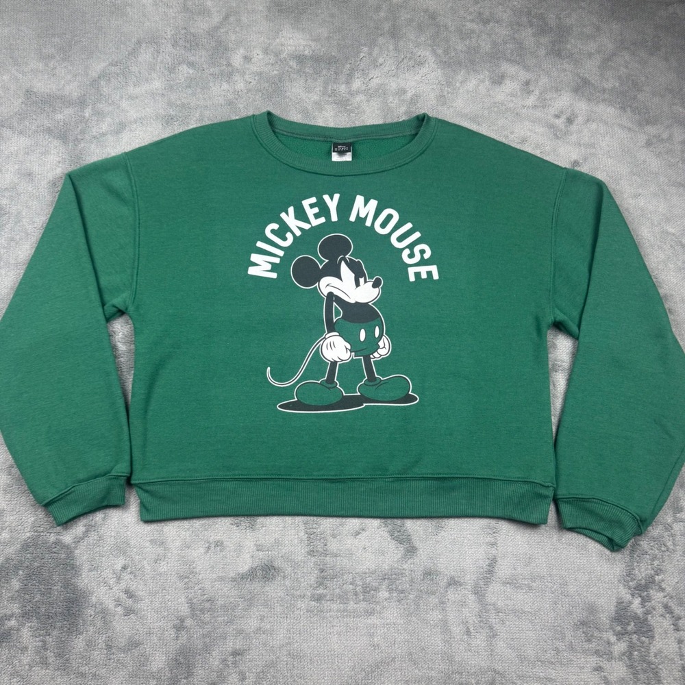 Disney Mickey Mouse Green Crewneck Sweatshirt Large Boxy Graphic Pullover